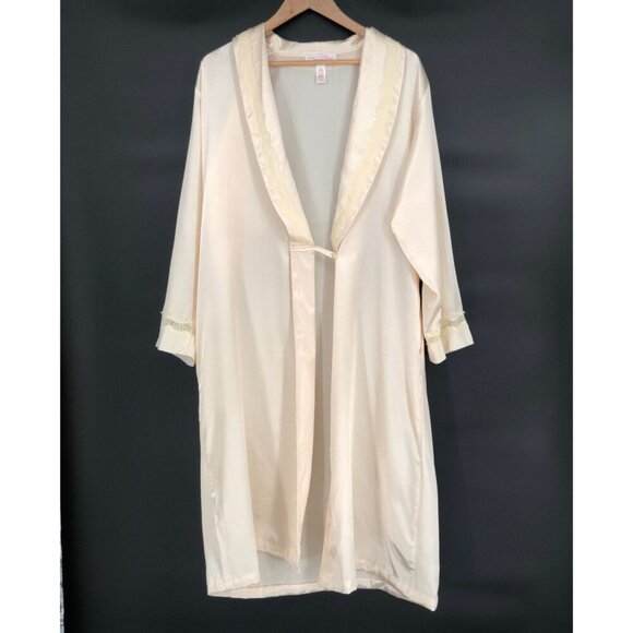 Oscar De La Renta Women's Pink Label Satin Robe XL Cream Lace Accent Sleepwear - Picture 1 of 11